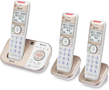AT&T BL3112-3 3-Handset DECT 6.0 Cordless Phone for Home with Bluetooth Connect to Cell, Smart Call Blocker, Answering Machine, Caller ID, Expandable up to 5 Handsets, Champagne Gold/White