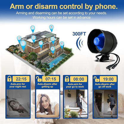 WiFi Security Alarm System Kit-Wireless 120db Loud Weatherproof Siren Horn with Remote Control& Door Contact Sensor&Motion Sensor Alarm Home Hotel Garage Shop Burglar Alarm System
