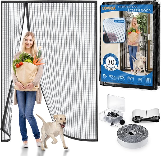 Heavy Duty Door Screen Magnetic Closure, LOVIGA 2024 Thickened Fiberglass Screen Door Mesh, Self Sealing, Left Side Opened, Pets Friendly, Fine Mesh Keep Bugs Out Fit Door Size 70 Inch X 80 Inch