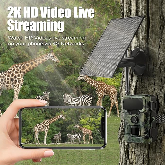 Cellular Trail Camera Solar, 4G LTE Game Cameras 64MP 2K HD Live Streaming,Night Vision Outdoor Camera,Rechargeable Wildlife Camera Deer Cams for Backyard（64GB TF Card Included