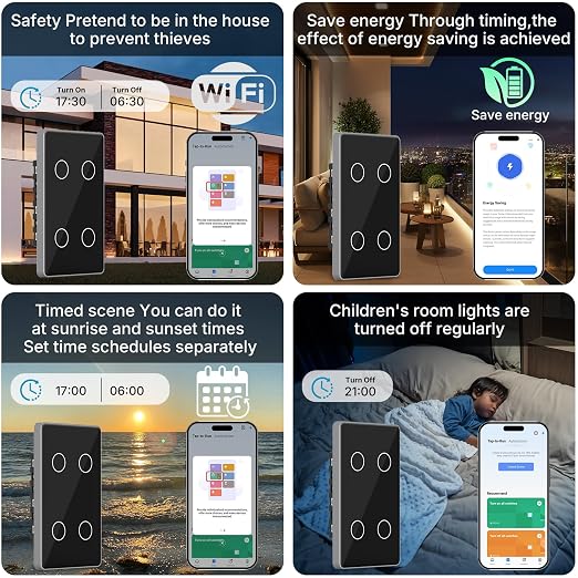 2.4GHz WiFi Smart Touch Wall Single Fire Smart Light Switch, Need Neutral Wire, Glass Panel Light Switch Work with Smart Life/Tuya App, Alexa and Google Home (Black 4 Gang)