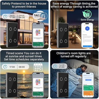 2.4GHz WiFi Smart Touch Wall Single Fire Smart Light Switch, Need Neutral Wire, Glass Panel Light Switch Work with Smart Life/Tuya App, Alexa and Google Home (Black 4 Gang)