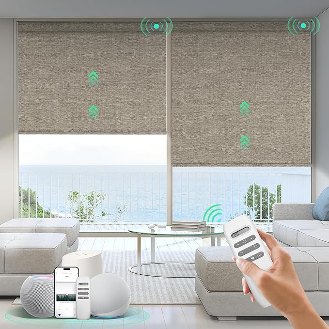 HeyBlinds Motorized Blinds with Remote, 100% Blackout Smart Blinds, Automatic Shades for Windows Compatible with Alexa Google and Homekit, Custom Size(Sunbeam-Camel BO)