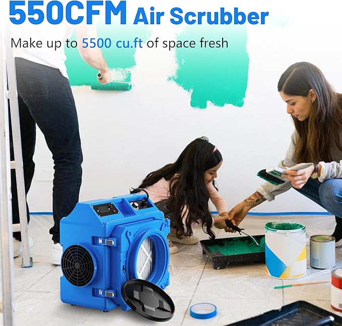 Air Scrubber with 3-Stage Filtration, 550CFM HEPA Air Machine Stackable Negative, Air Cleaner with MERV10, Carbon, H13 HEPA, for Home, Industrial and Commercial Use, Blue