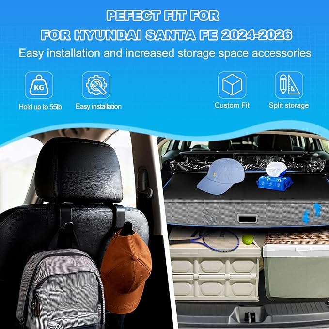 AUXKO Retractable Cargo Cover for Hyundai Santa Fe 2026 2025, Trunk Cover Luggage Security Shade Cover for 2026-2024 Hyundai Santa Fe Shielding Shade Anti-Peeping Luggage Privacy Screen, Carbon Fiber
