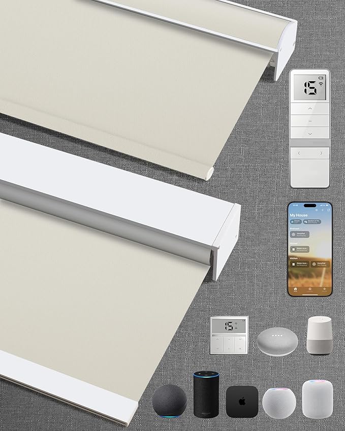 Motorized Blinds with Remote: Kincmo 100% Blackout Roller Shades Work with Apple Homekit,Alexa,Google Home, Customized Electric Blinds with App,Voice Control (100% Blackout Pure Cream)