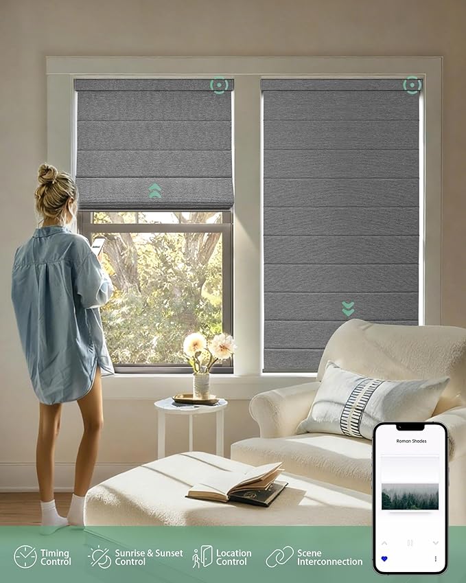 Yoolax Motorized Roman Shades with Remote, Smart Roman Shades for Indoor Windows, Blackout Automatic Blinds Work with Alexa, Google, Apple Homekit for Living Room Bedroom, Customized (Basalt Stripe)