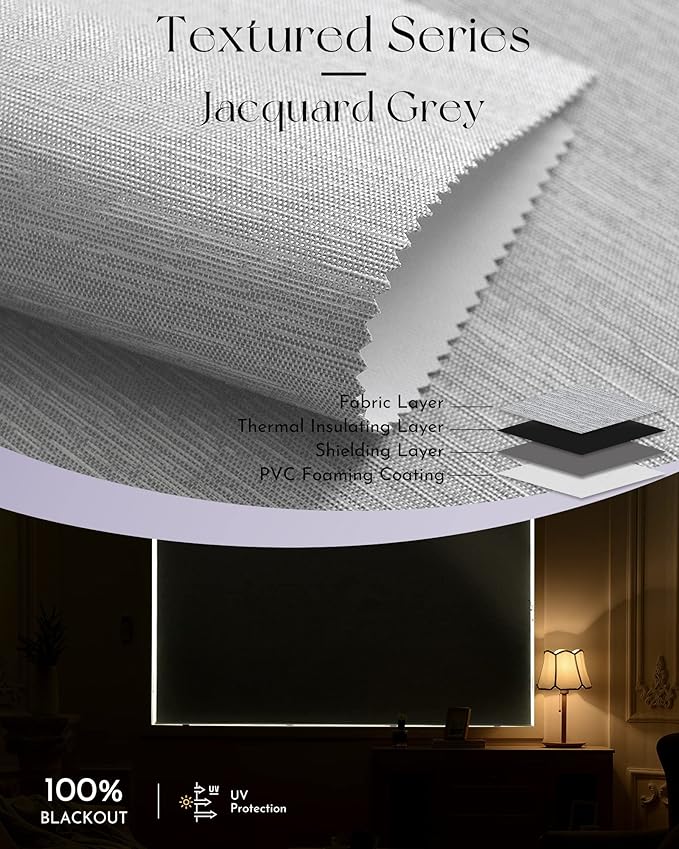 Graywind Motorized 100% Blackout Roller Shades Work with Alexa Google via Hub Window Blinds Remote Control Rechargeable Battery Motor with Valance for Smart Home and Office (D-Jacquard Grey)