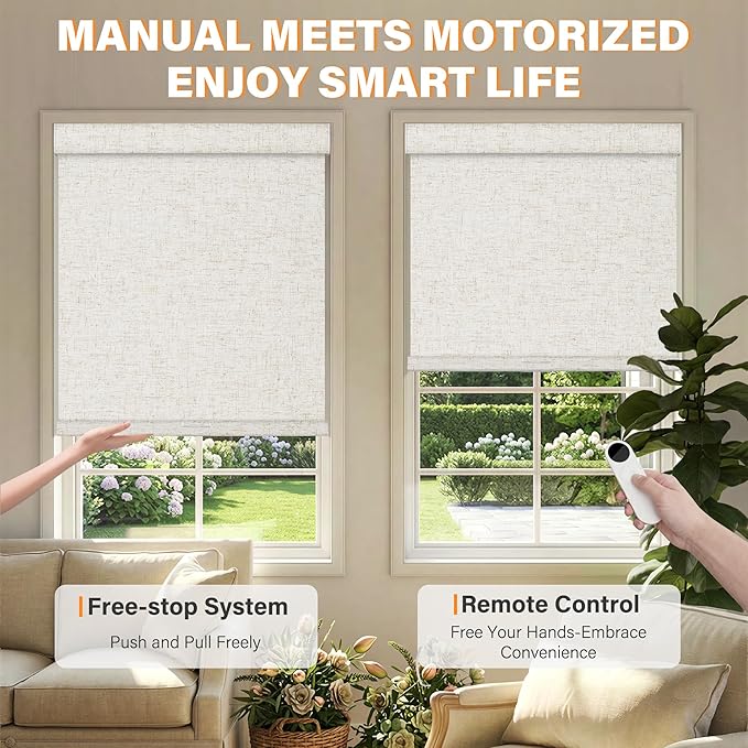 BERISSA Motorized Blinds with Remote,Dual-Control(Manual + Remote) Roller Shades,Blackout&Light Filtering Rechargeable Smart Electric Window Blinds for Home,Office,Custom Color,Custom Size