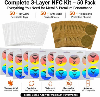 DAMILA NFC216 Tags – Programmable Rewritable NFC Stickers with Anti-Metal Layer & Holographic Cover, 888 Bytes Waterproof 1 Inch NFC Tag for Metal Surfaces, Smart Business Cards & Automation (50)