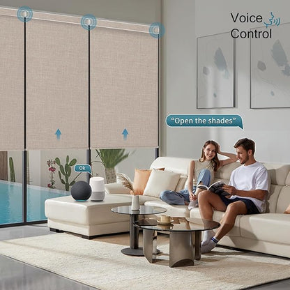 Motorized Roller Shade, 100% Blackout Smart Window Blinds Work with Homekit, Alexa, Google Home, Remote Control, Electric Blinds with USB/Solar Pannel Charging,Bouvardia Light Brown