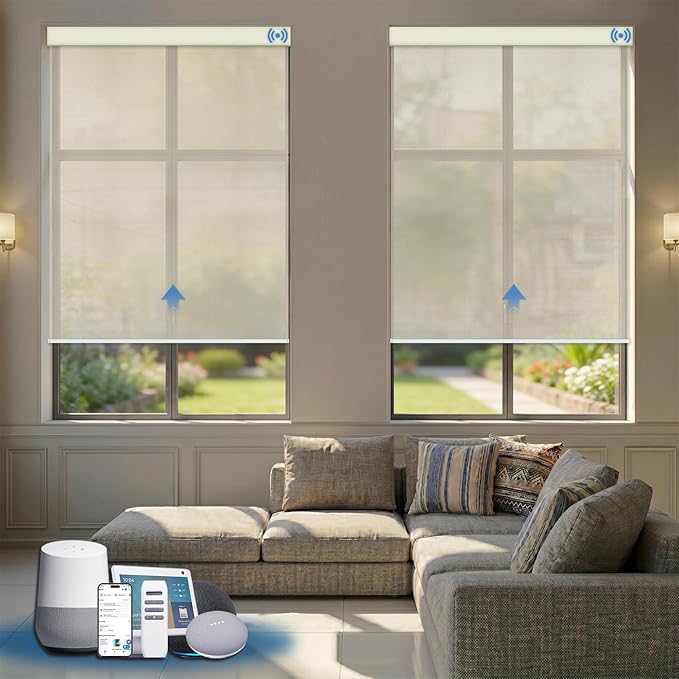 Motorized Solar Shades, Light Filtering Smart Blinds for Windows Automatic Blinds Compatible with Alexa, Falme Resistant Roller Shades Customized for Office Living Room (5% Openness Beige)
