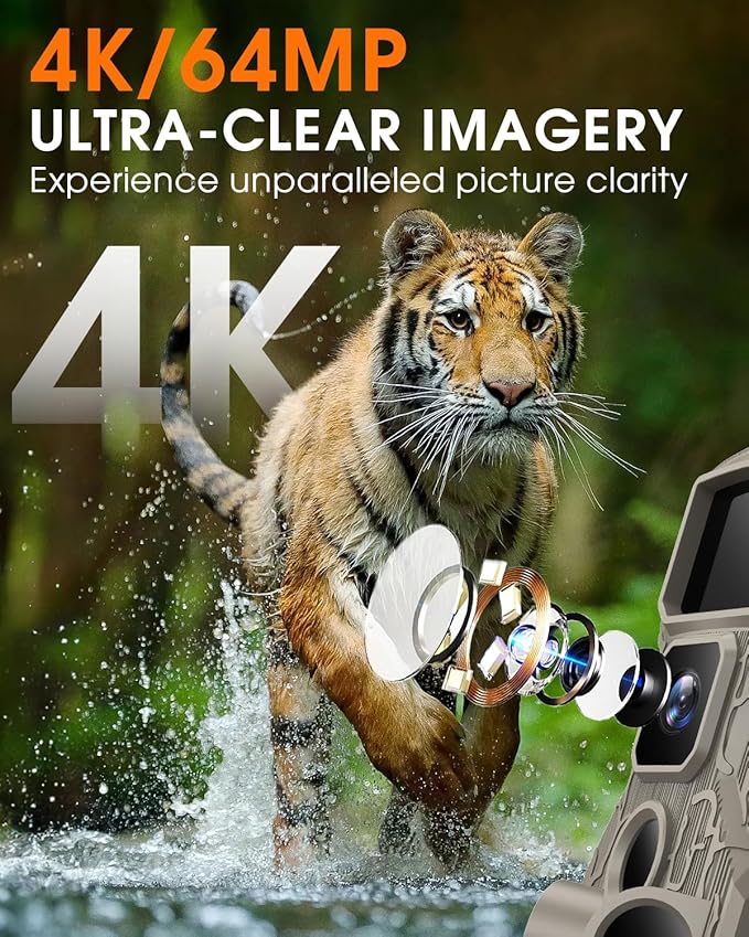 Punvoe Trail Camera WiFi 4K 64MP with 64GB Memory Card 8 Batteries and Night Vision Ip67 Waterproof 130°Wide Angle 0.1s Trigger Speed, Suitable for Outdoor Wildlife Detection, Monitoring Game Cam