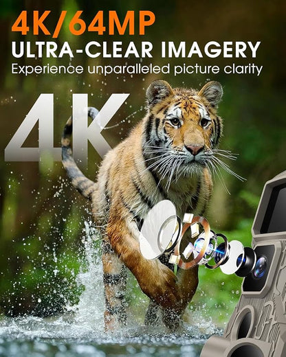 Punvoe Trail Camera WiFi 4K 64MP with 64GB Memory Card 8 Batteries and Night Vision Ip67 Waterproof 130°Wide Angle 0.1s Trigger Speed, Suitable for Outdoor Wildlife Detection, Monitoring Game Cam