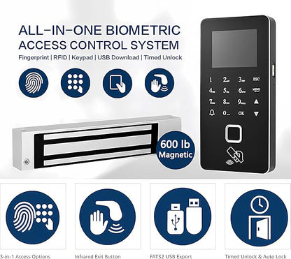 Biometric Access Control System with Fingerprint, Keypad, RFID, Infrared Exit Button, 1200lb Magnetic Lock, LCD Display, USB Download, Attendance Tracking, Timed Unlock,for Office, Store, Home