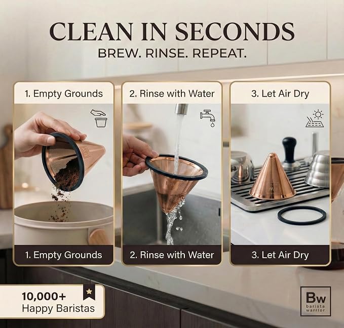 Barista Warrior Reusable Coffee Filter - Stainless Steel Pour Over Dripper, Compatible for Chemex, Hario V60 & Drippers, Easy to Clean Flavorful Brew Fine Mesh Coffee Filter - Copper