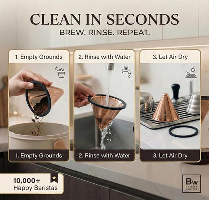Barista Warrior Reusable Coffee Filter - Stainless Steel Pour Over Dripper, Compatible for Chemex, Hario V60 & Drippers, Easy to Clean Flavorful Brew Fine Mesh Coffee Filter - Copper