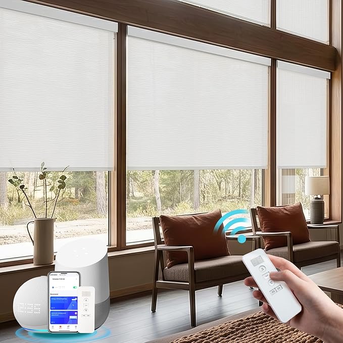 Motorized Blinds with Remote Cordless Automatic Motorized Shades Custom Blinds for Windows Smart Curtains Compatible with Alexa Google Home(Light Filtering Cloud White,W21 x H72in)