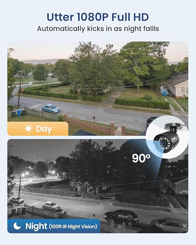 ZOSI 4 x 2MP 1080p Home Security Camera Outdoor Indoor, 1920TVL HD CCTV Bullet Camera, 100ft Night Vision, 90° Wide Angle, IP66 Weatherproof Surveillance Camera with 24 LEDs (Black Color)