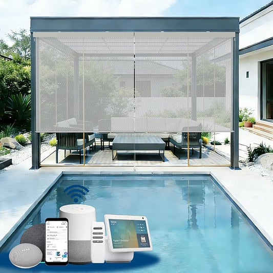 Motorized Outdoor Shades, Custom Patio Roller Blinds with Remote, Smart Exterior Sun Shades Compatible with Alexa, HomeKit, Google Home (5% Openness Sliver)