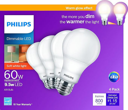Philips LED 4 Pack A19 Soft White Dimmable Warm Glow LED, 2200-2700 Kelvin, 800 Lumen, 8.8W=60W, E27 Base