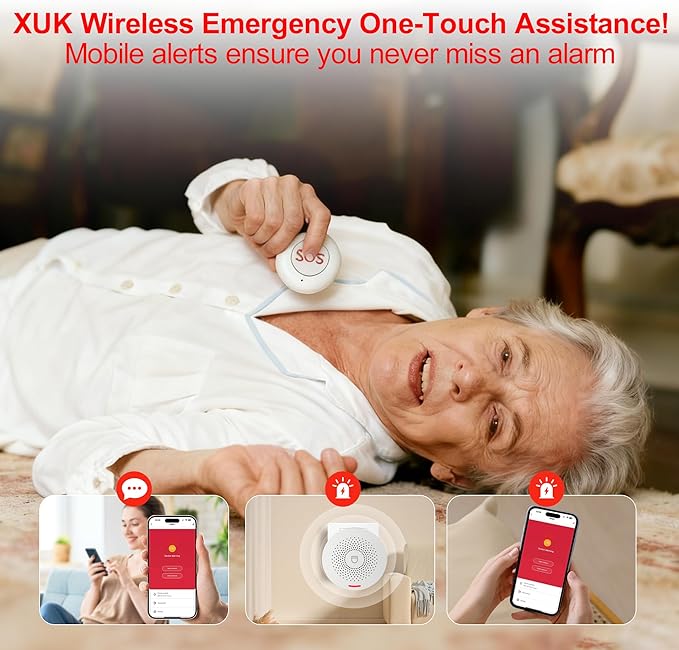 XUK WiFi SOS Caregiver Pager Call Button for Elderly, No Monthly Fee 2.4GHz Wi-Fi APP Control Wireless Nursing Call System with 1 SOS Watch Pagers & 1 Receiver Life Alert Systems for Seniors