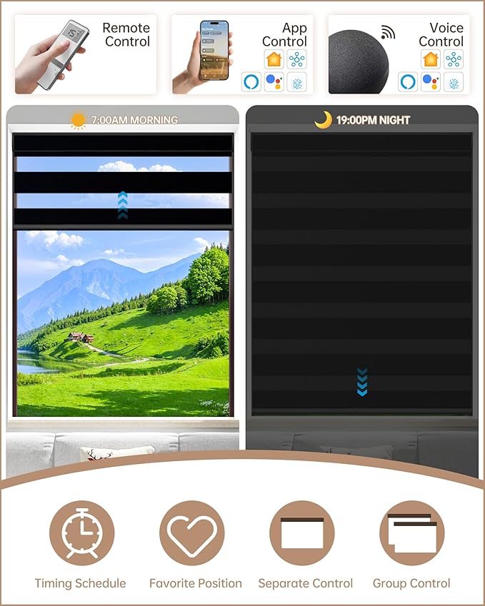 Kincmo Motorized Blinds with Remote, Motorized Zebra Shades Work with Apple Homekit,Alexa,Google Home, Customized Electric Blinds with Remote,App,Voice Control (100% Blackout Gentle Black)