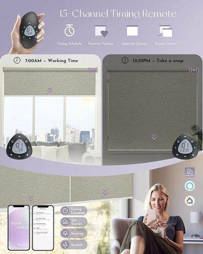 Graywind Smart Blackout Roller Shades Work with Alexa Google Textured Fabric Rechargeable Motorized Blinds Cordless Remote Control Window Shades, Custom Size (Frequency Sand)