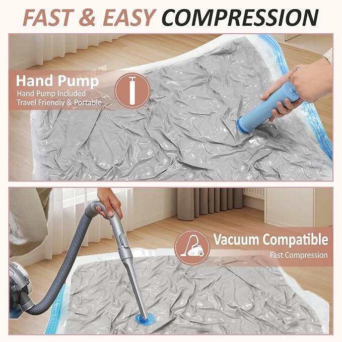 8 XXL Jumbo Vacuum Storage Bags for Bedding, Space Saver with Hand Pump | 47.2" x 35" Extra Large Vacuum Seal Bags for Bedding, Comforters, Blankets & Pillows; 80% Space-Saving Storage for Home