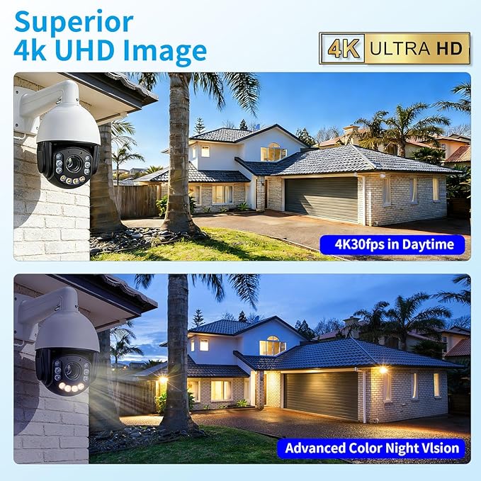 4K30fps 8MP Outdoor PTZ IP POE Auto Tracking Dome Camera Pan Tilt 20x Optical & Human Vehicle Detection,ONVIF IP Wired Camera IR & Floodlight Color night Vision, Preset ,2-Way Audio,24/7 Recording