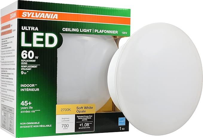 Sylvania Ultra LED Porcelain Ceiling Light Fixture, 60W = 9W, Non-Dimmable, Medium Base, 2700K, Soft White - 1 Pack (75080)