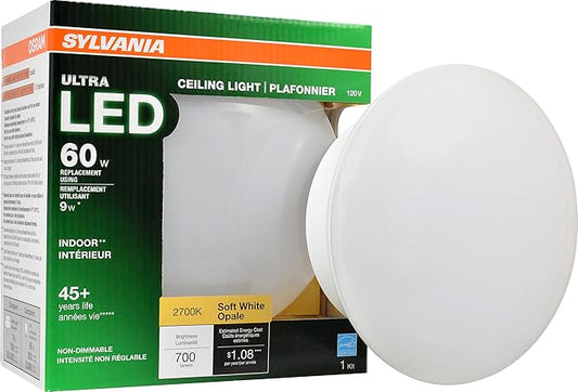 Sylvania Ultra LED Porcelain Ceiling Light Fixture, 60W = 9W, Non-Dimmable, Medium Base, 2700K, Soft White - 1 Pack (75080)