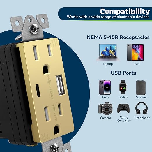 TOPGREENER USB Outlet, 4.2A Type C & Type A Wall Outlet, Gold, 1 Pack | 15 Amp Tamper Resistant Receptacle Plug, Charging Power Outlet with USB Ports, USB Receptacle, UL Listed, TU21536AC-GD