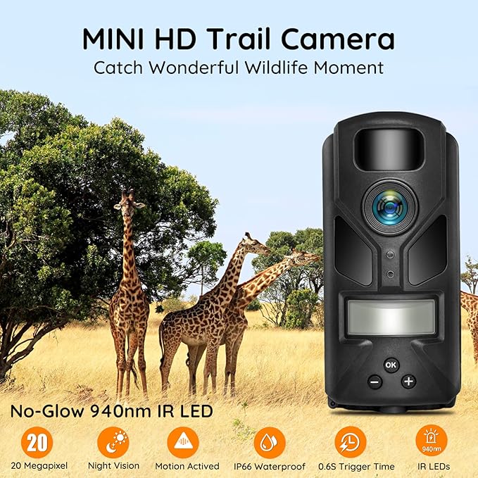 OUTDOOR EXPERT 20MP Mini Trail Camera, 1080P Hunting Camera with No Glow 940nm Night Vision Motion Activated IP66 Waterproof, 80ft Illumination Range for Wildlife Monitoring, Outdoor Use