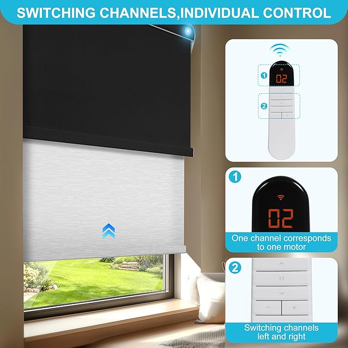 BERISSA Smart Motorized Dual Roller Shades with Remote,APP/Voice Control Blackout&Light Filtering Double Roller Blinds for Windows,Automatic Electric Shades with Solar Pannel.Custom Size