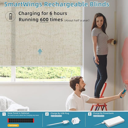 SmartWings Motorized Smart Blinds for Windows in Light Filtering, Electric Remote Roller Shades Compatible with Alexa/Google Home/Homekit, Custom Up to 110”W x 148”H, Linen Translucent Sand