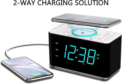 Emerson ER100401 Smartset 15Watt Ultra Fast Wireless Charging Dual Alarm Clock Radio with Bluetooth Speaker, USB Charger, Cyan LED Night Light and 1.4" Display