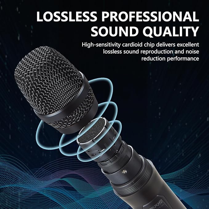 Wireless Microphone System, Metal Dual Pro UHF Cordless Dynamic Mic, 2x30 Adjustable Frequencies, Handheld Microphone System for Home Karaoke, Meeting, Church, 300ft Range (2 Handheld)