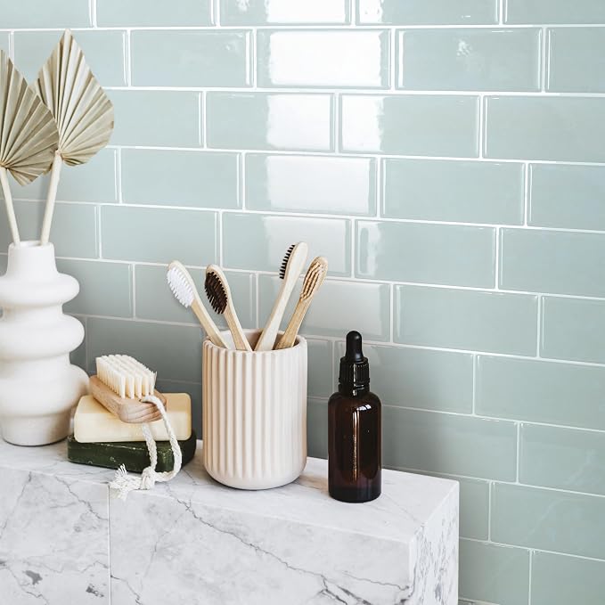 Smart Tiles Peel and Stick backsplash, Subway Pale Aqua, 11.55"x8.38" | Pack of 5 (2.8 sq ft), Glossy, Heat/Moisture Resistant, Low VOC, Kitchen/Bathroom, Renter Friendly, Made in Canada