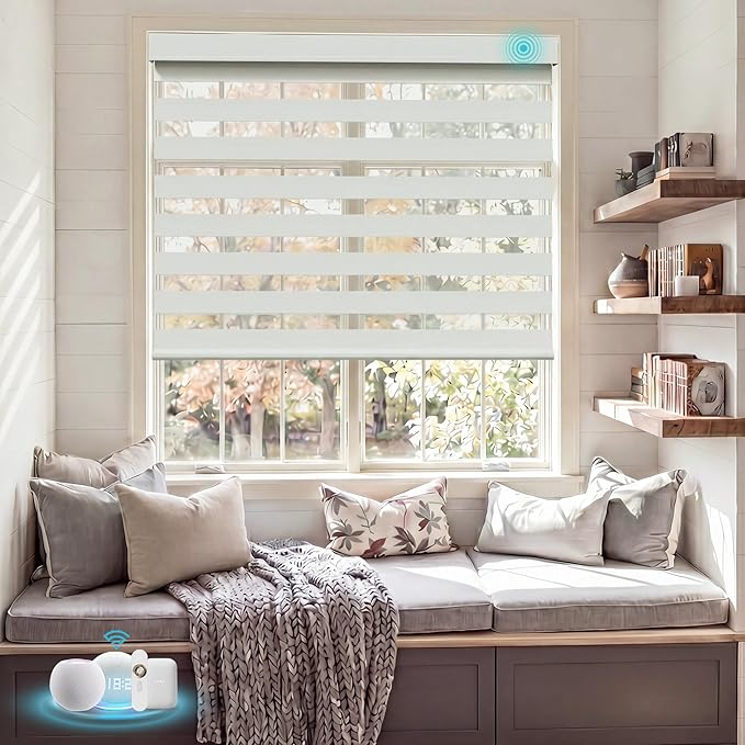 Motorized Zebra Blinds with Remote Smart Blind Work with Homekit Alexa SmartThings Electric Shade Cordless Automatic Solar Powered Window Shade Customize(100% Blackout Pure White)
