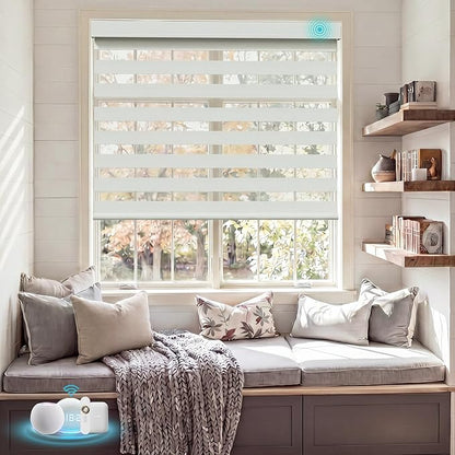 Motorized Zebra Blinds with Remote Smart Blind Work with Homekit Alexa SmartThings Electric Shade Cordless Automatic Solar Powered Window Shade Customize(100% Blackout Pure White)