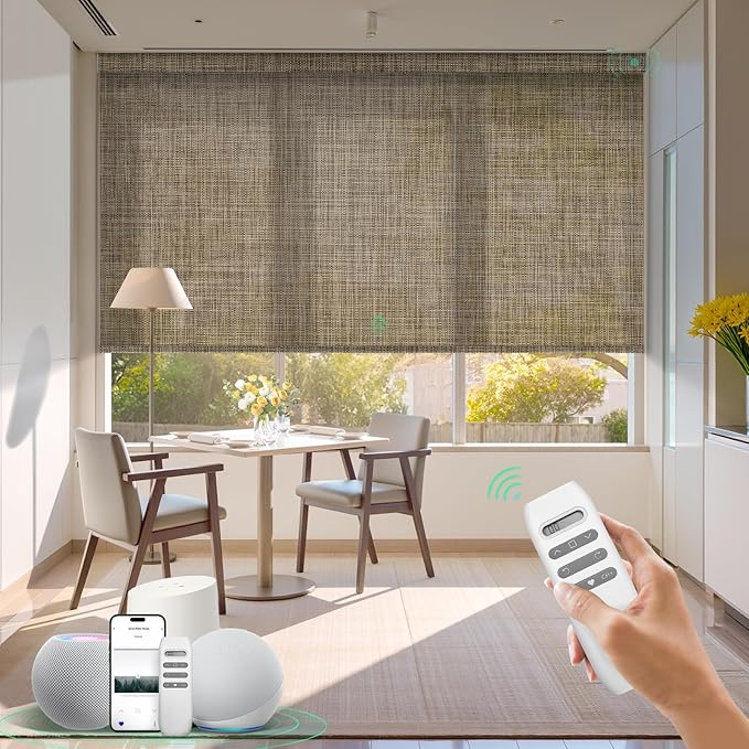 HeyBlinds Motorized Solar Shades with Remote, Light Filtering Mesh Roller Shades, Flame Retardant Smart Blinds, UV Blocking, Alexa Google HomeKit Compatible, Custom Size (Cocoa Grid-5% Openness)