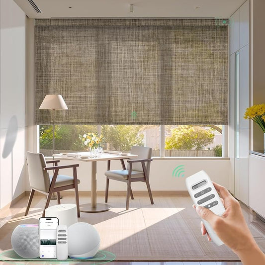 HeyBlinds Motorized Solar Shades with Remote, Light Filtering Mesh Roller Shades, Flame Retardant Smart Blinds, UV Blocking, Alexa Google HomeKit Compatible, Custom Size (Cocoa Grid-5% Openness)