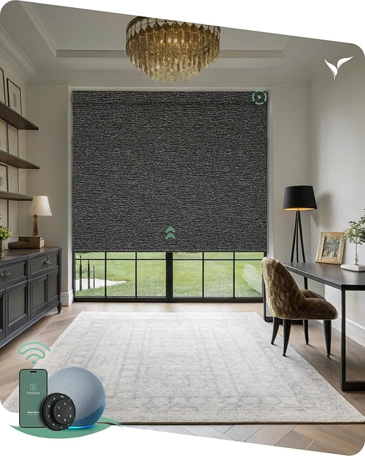 Yoolax Motorized Blinds with Remote, Designer Smart Blinds Work with Alexa, Google, Apple Homekit, 100% Blackout Motorized Shades Custom Electric Shades Voice Control (V-Shimmer Horizontal Black)