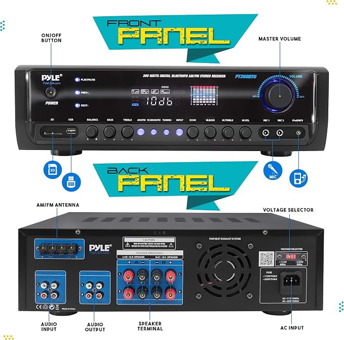 Pyle Wireless Bluetooth Home Amplifier- Connectivity Power Off Distant Devices, Input/Output Devices, Connectors/Jacks, Sound System Controls for Audio/Radio & Display Design - PT390BTU.3