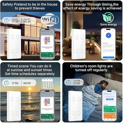 2.4GHz WiFi Smart Touch Wall Single Fire Smart Light Switch, Need Neutral Wire, Glass Panel Light Switch Work with Smart Life/Tuya App, Alexa and Google Home 2 Pack (White 4 Gang)