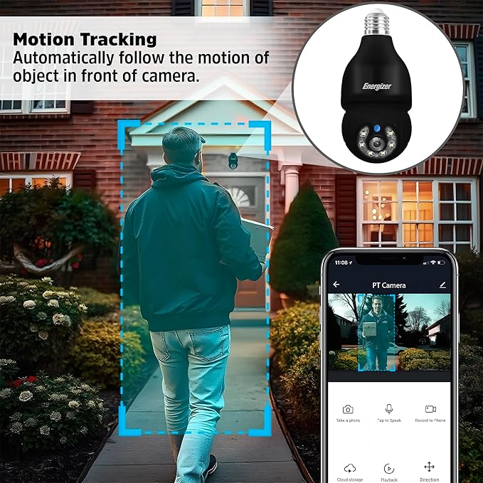 Energizer Smart Outdoor 2K QHD Security Socket Camera, 5GHz & 2.4 GHz Dual Band, Pan & Tilt Motion Tracking, 2-Way Audio, Night Vision, Recording, Instant Alerts, Voice Control with Google & Alexa,