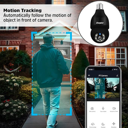 Energizer Smart Outdoor 2K QHD Security Socket Camera, 5GHz & 2.4 GHz Dual Band, Pan & Tilt Motion Tracking, 2-Way Audio, Night Vision, Recording, Instant Alerts, Voice Control with Google & Alexa,