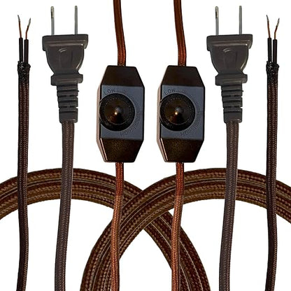 Royal Designs, Inc. Lamp Cord Molded Plug with Dimmer Switch, Stripped Ends Ready for Wiring, 8 ft long, Brown, SPT-1 UL Listed, Set of 2 (CO-5001D-BR-8-2)
