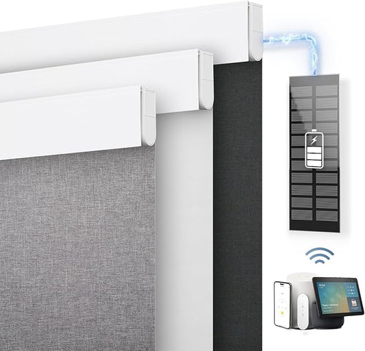 DENFOON Motorized Blinds with Remote control, Custom Blackout Smart Blinds [with Cover],Electric Blinds with Complimentary Solar Panel, Cordless Automatic Roller Shades for Windows (White，32"W x 72"H)
